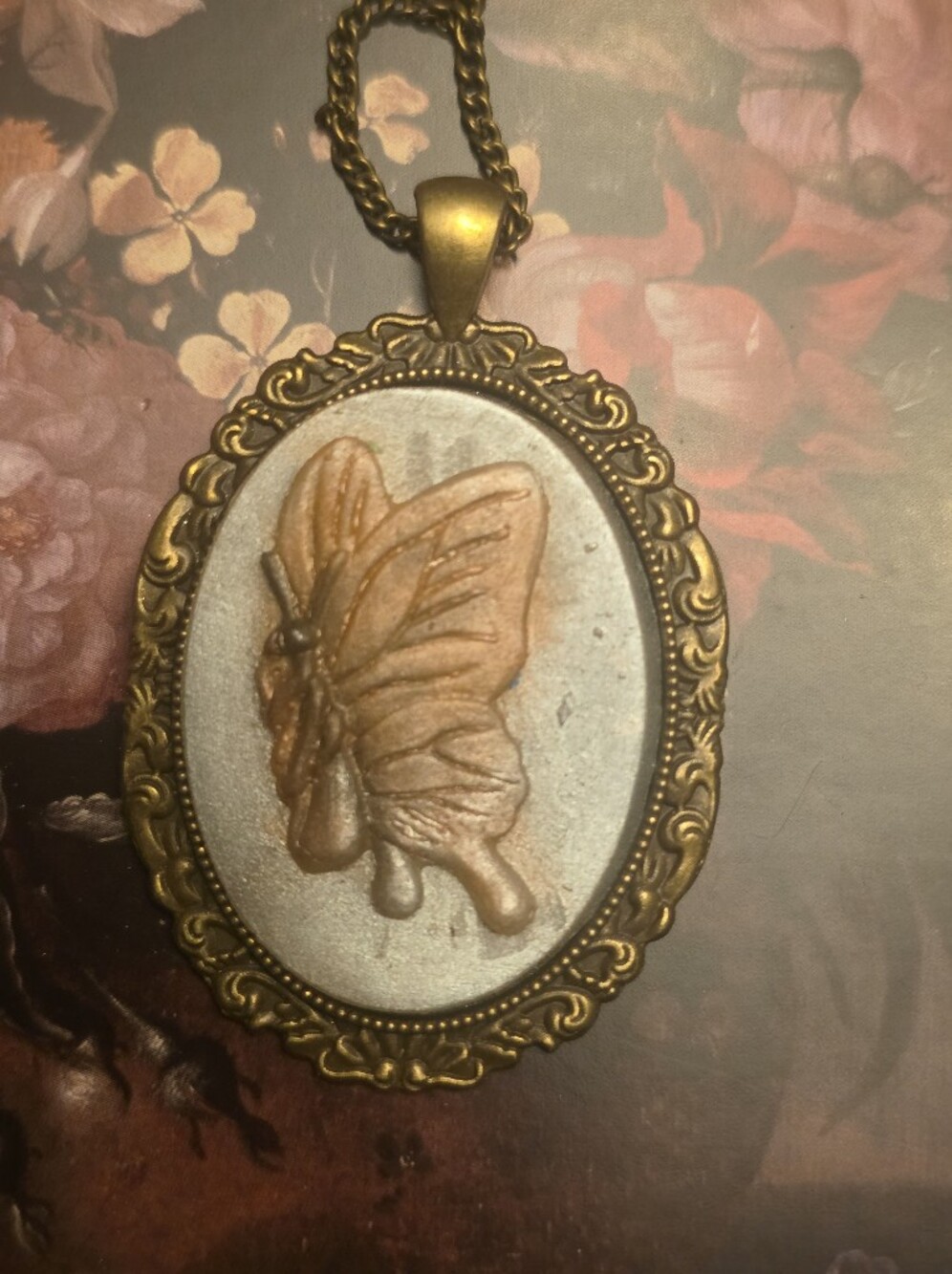 Orange Butterfly On Silver With Bronze Tone Frame & Chain Necklace
